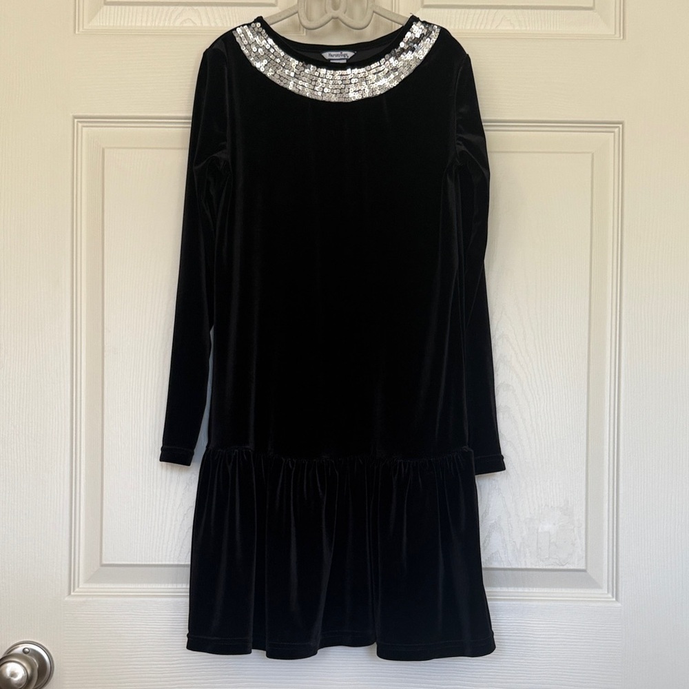 Hartstrings Black Velvet Dress with Silver Sequin Collar girls size 10
